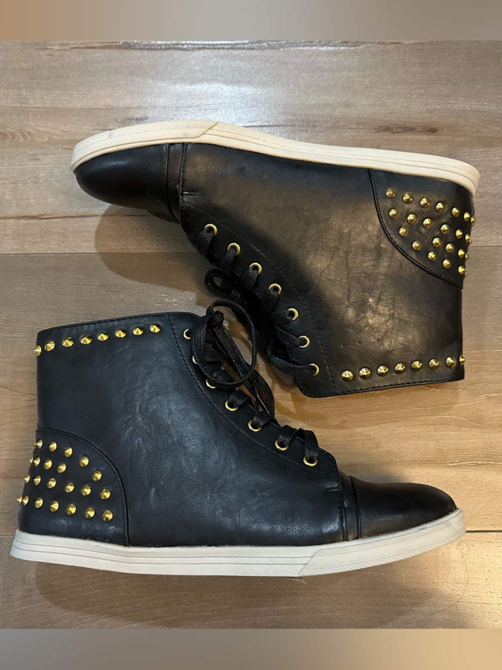 Shoe Dazzle Black High-Top Ankle Boots with Gold Studs
